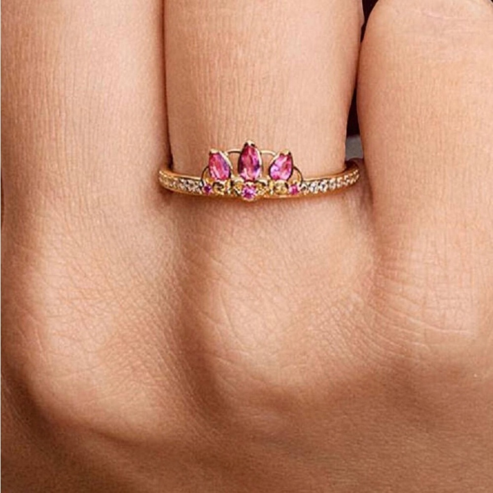 Rapunzel Tiara Gold Ring with Pink Gemstone Crown